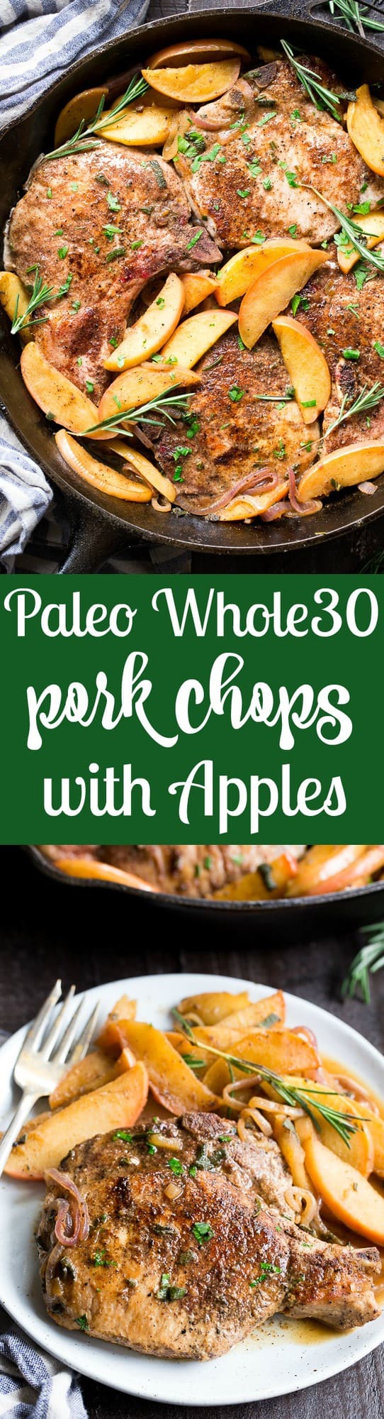 One-skillet pork chops with apples features seasoned, savory juicy pork chops with sweet apples simmered to perfection! This Paleo and Whole30 compliant dinner is easy, fast and great for weeknights!  Serve as is or with cauliflower rice, roasted sweet potatoes or a green salad.