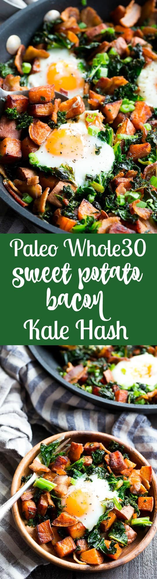 This simple sweet potato hash with kale and bacon is your new paleo and Whole30 go-to breakfast!  Crispy bacon, kale, and sweet potatoes are seasoned and cooked up perfectly in a big skillet, then topped with eggs and garnished with green onion.  It doesn't get easier or more delicious than this hash!  