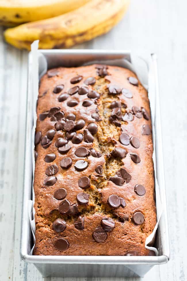 This Paleo chocolate chip banana bread is made with almond butter and almond flour, hearty and delicious with the perfect amount of sweetness.  Gluten-free, dairy-free, grain free, family approved, and great for breakfast or dessert! 