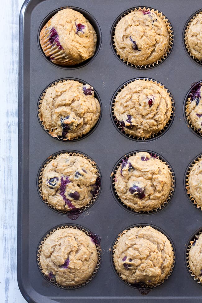 These classic blueberry muffins have a hearty and moist texture thanks to cassava flour and are bursting with flavor and juicy blueberries!  They're grain free, nut free, dairy free and paleo, family approved, and great for breakfasts and snacks!