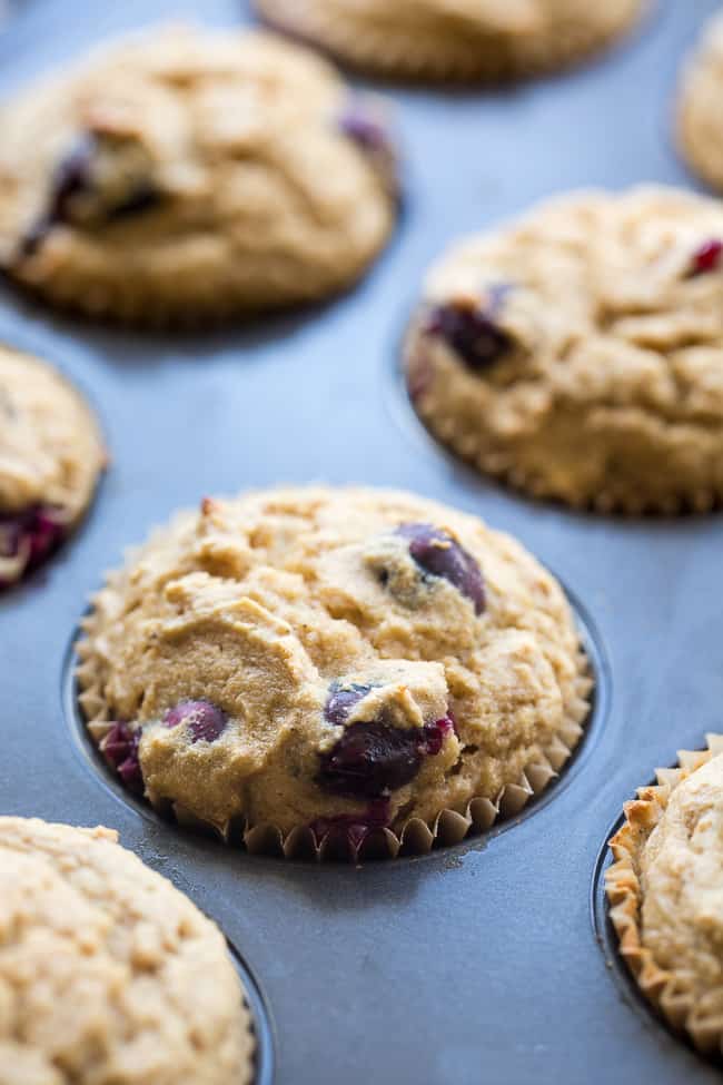 These classic blueberry muffins have a hearty and moist texture thanks to cassava flour and are bursting with flavor and juicy blueberries!  They're grain free, nut free, dairy free and paleo, family approved, and great for breakfasts and snacks!