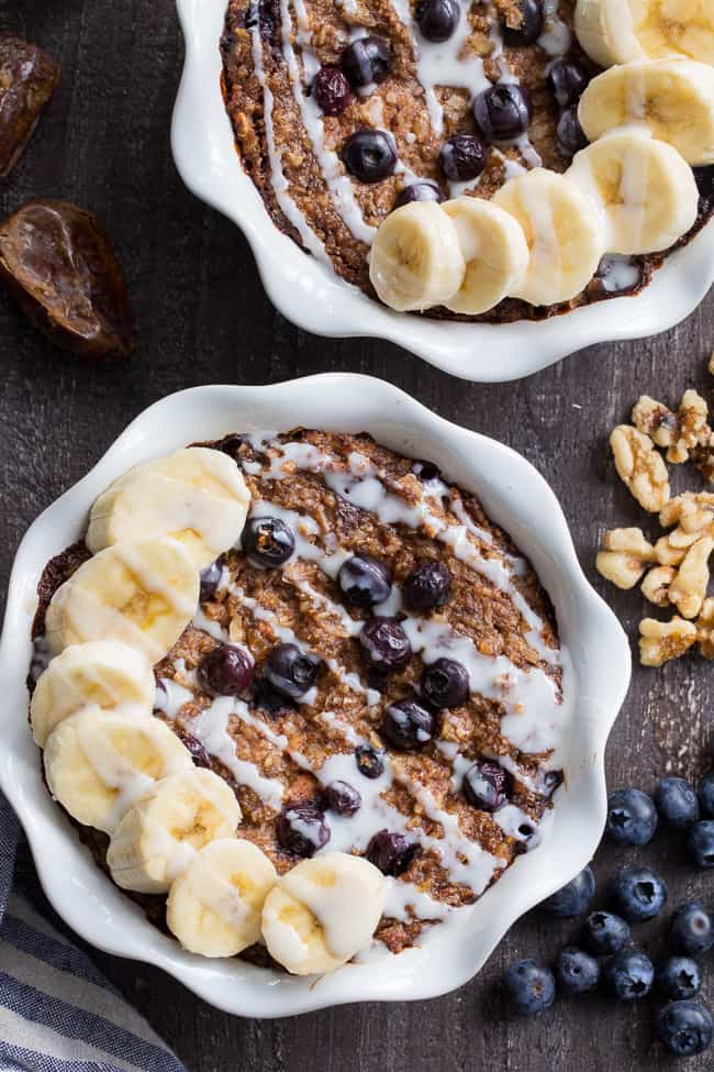 This Blueberry "Oatmeal" Breakfast Bake has a flavor and texture reminiscent of baked oatmeal, yet it's grain free and paleo!  It's a perfect option for breakfast when you want something naturally sweet but want to keep things clean.  It's also egg free, vegan and contains no added sugar.