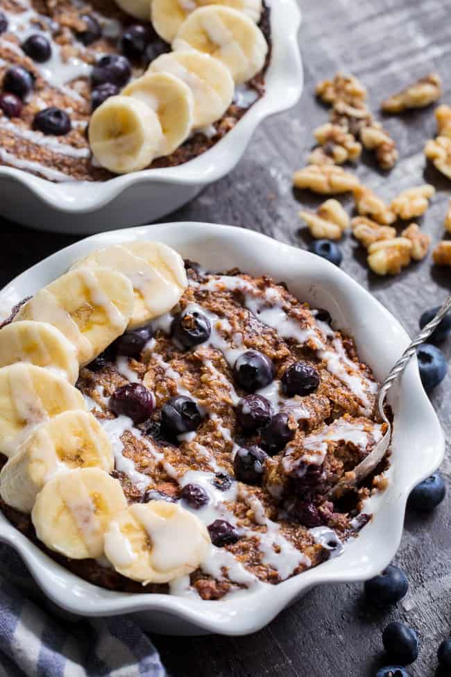 This Blueberry "Oatmeal" Breakfast Bake has a flavor and texture reminiscent of baked oatmeal, yet it's grain free and paleo!  It's a perfect option for breakfast when you want something naturally sweet but want to keep things clean.  It's also egg free, vegan and contains no added sugar.