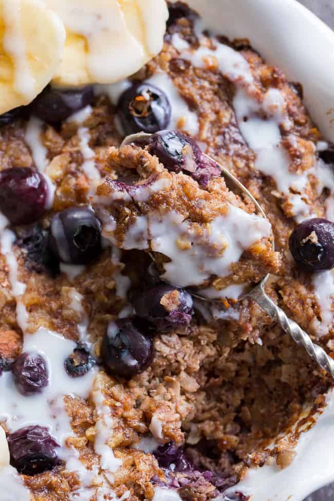 This Blueberry "Oatmeal" Breakfast Bake has a flavor and texture reminiscent of baked oatmeal, yet it's grain free and paleo!  It's a perfect option for breakfast when you want something naturally sweet but want to keep things clean.  It's also egg free, vegan and contains no added sugar.