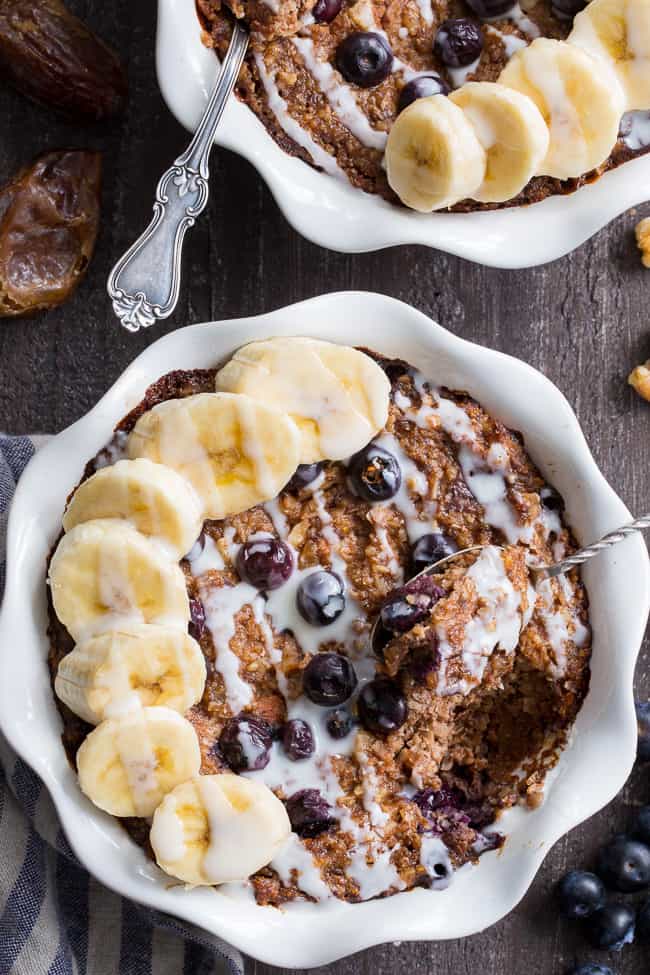 This Blueberry "Oatmeal" Breakfast Bake has a flavor and texture reminiscent of baked oatmeal, yet it's grain free and paleo!  It's a perfect option for breakfast when you want something naturally sweet but want to keep things clean.  It's also egg free, vegan and contains no added sugar.