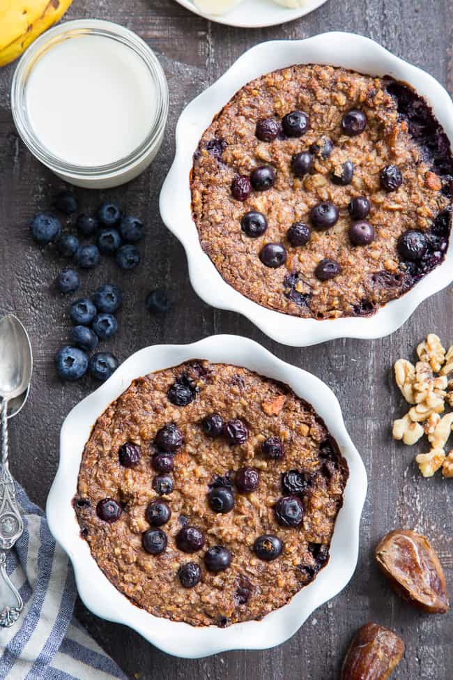 This Blueberry "Oatmeal" Breakfast Bake has a flavor and texture reminiscent of baked oatmeal, yet it's grain free and paleo!  It's a perfect option for breakfast when you want something naturally sweet but want to keep things clean.  It's also egg free, vegan and contains no added sugar.