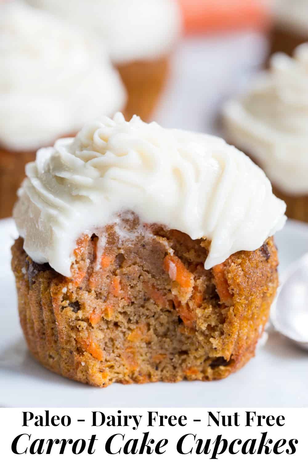 These dreamy carrot cake cupcakes are made with coconut and tapioca flour and sweetened with maple syrup, making them both paleo and nut free.   They’re topped with a sweet creamy paleo vanilla “buttercream” that tastes just like real thing!  #paleo #glutenfree #nutfree