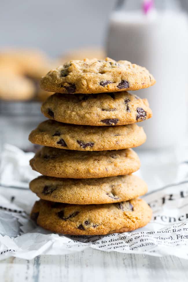 These soft chewy paleo chocolate chip cookies are made with cassava flour, making them nut free PLUS grain free and gluten free.  The cassava flour makes the flavor very similar to traditional chocolate chip cookies, so you know everyone will love them!