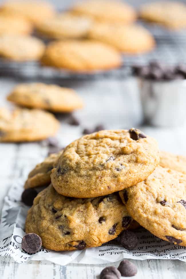 These soft chewy paleo chocolate chip cookies are made with cassava flour, making them nut free PLUS grain free and gluten free.  The cassava flour makes the flavor very similar to traditional chocolate chip cookies, so you know everyone will love them!