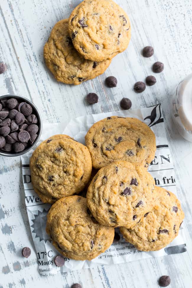 These soft chewy paleo chocolate chip cookies are made with cassava flour, making them nut free PLUS grain free and gluten free.  The cassava flour makes the flavor very similar to traditional chocolate chip cookies, so you know everyone will love them!