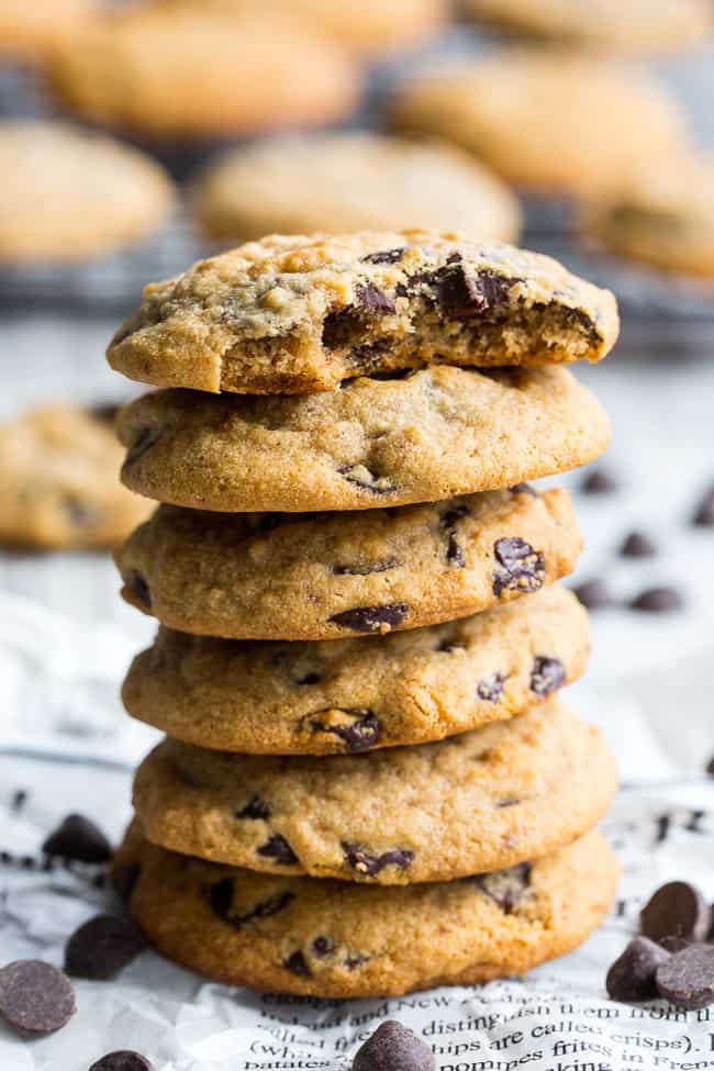 These soft chewy paleo chocolate chip cookies are made with cassava flour, making them nut free PLUS grain free and gluten free.  The cassava flour makes the flavor very similar to traditional chocolate chip cookies, so you know everyone will love them!