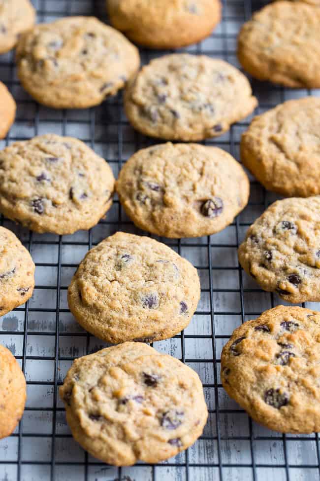 These soft chewy paleo chocolate chip cookies are made with cassava flour, making them nut free PLUS grain free and gluten free.  The cassava flour makes the flavor very similar to traditional chocolate chip cookies, so you know everyone will love them!