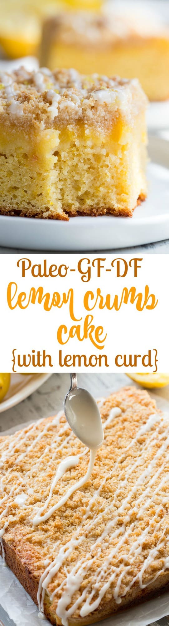 This amazing paleo lemon crumb cake is deliciously sweet/tart and bursting with fresh lemon flavor!  It starts with a  perfectly moist lemon cake layer, topped with lemon curd, piled with crumb topping and drizzled with lemon glaze.  It's gluten-free, dairy-free, paleo will become a favorite dessert with the first bite!