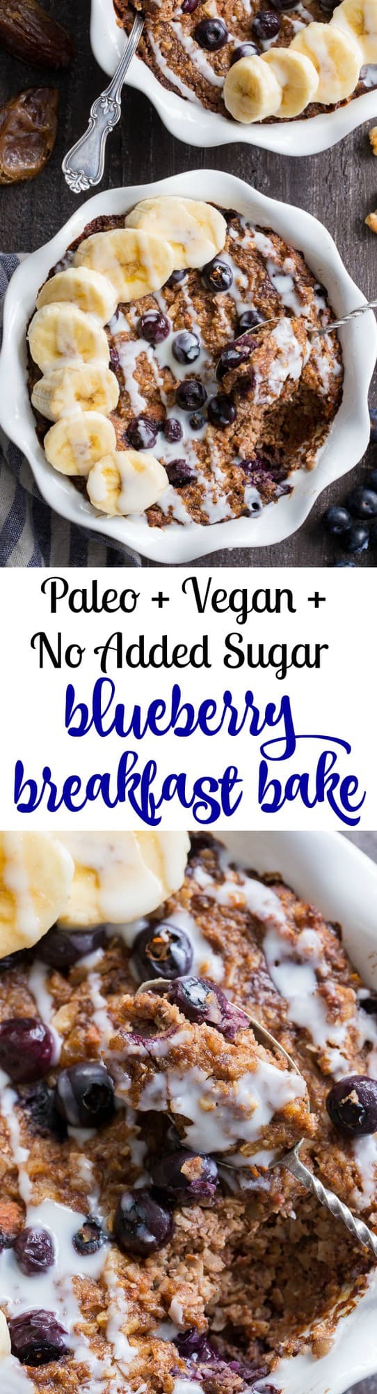 This Blueberry "Oatmeal" Breakfast Bake has a flavor and texture reminiscent of baked oatmeal, yet it's grain free and paleo!  It's a perfect option for breakfast when you want something naturally sweet but want to keep things clean.  It's also egg free, vegan and contains no added sugar.