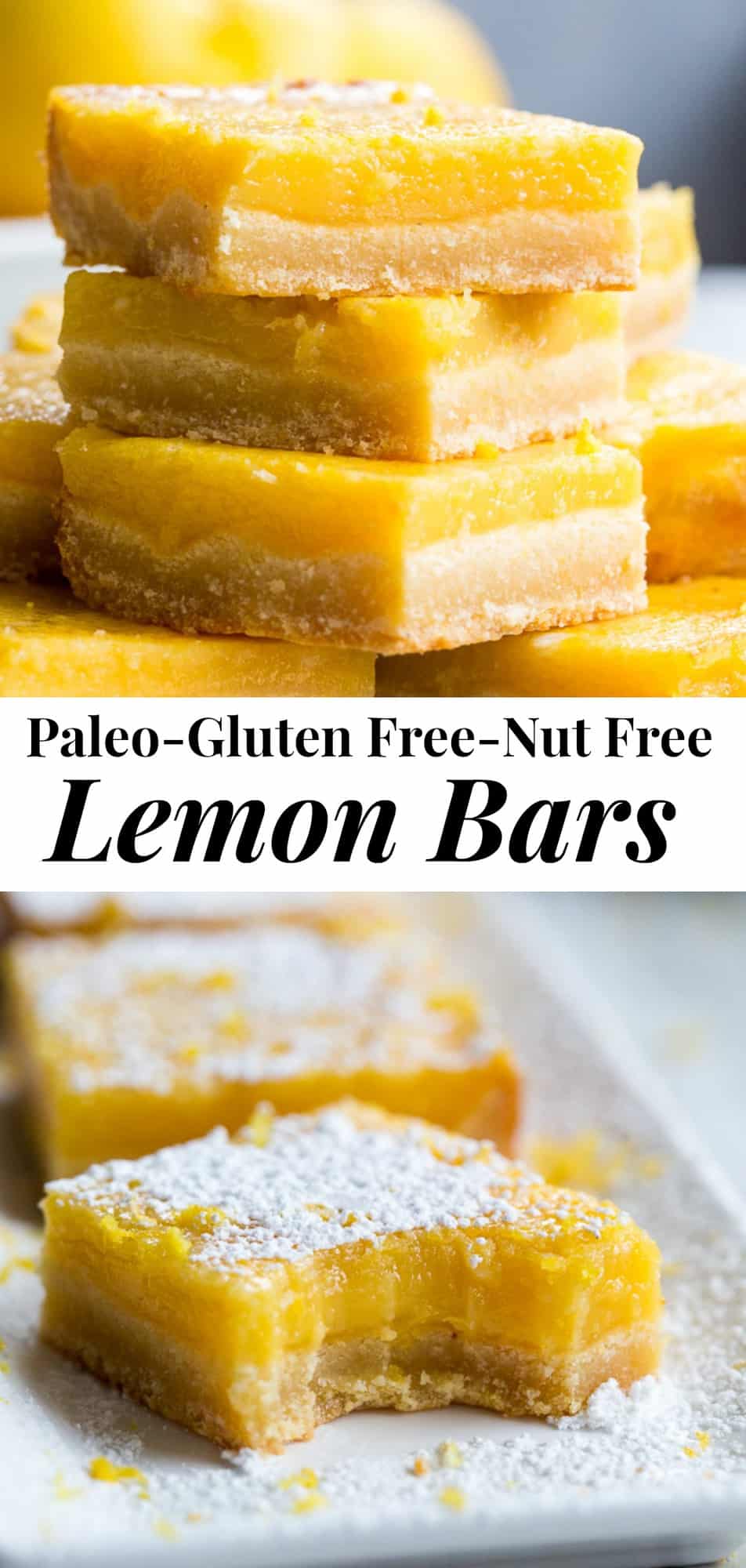 These creamy paleo lemon bars have a nut free, grain free honey-sweetened shortbread crust with a perfectly sweet-tart lemon custard layer to top!  Dust with organic powdered sugar or dollop with coconut whipped cream for a deliciously dreamy dessert! #lemonbars #glutenfree #paleo #nutfree