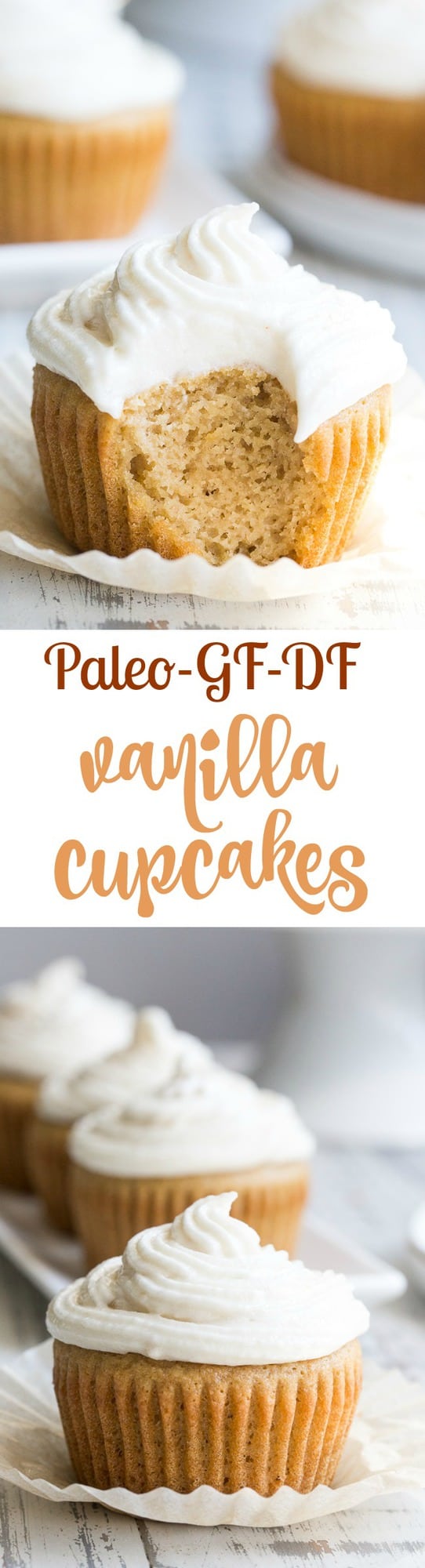 These paleo vanilla cupcakes are so light, fluffy, moist, and sweet that you'd never guess they're gluten free, dairy free and paleo!  The "buttercream" frosting is easy to whip up, and tastes just like the original even though it contains no refined sugar or dairy.  Kid approved and perfect for birthdays, special events, or "just because"!