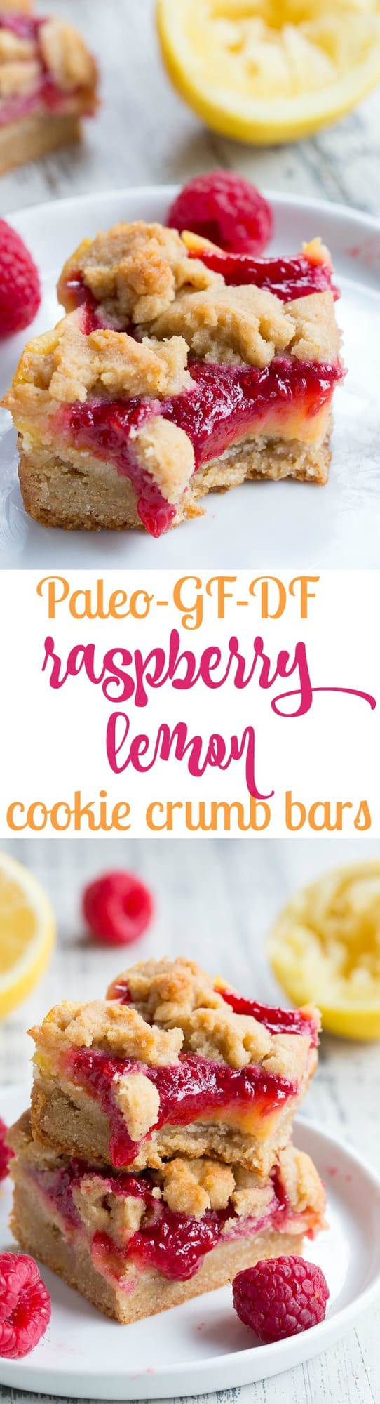 These paleo raspberry lemon bars are absolutely heaven!   A lemon cookie crust is topped with creamy tart sweet lemon curd, homemade raspberry sauce and more cookie crumbles to top.  Everything is baked to perfection and cut into bars for the ultimate dessert!  Gluten-free, dairy-free, no refined sugar, grain free.