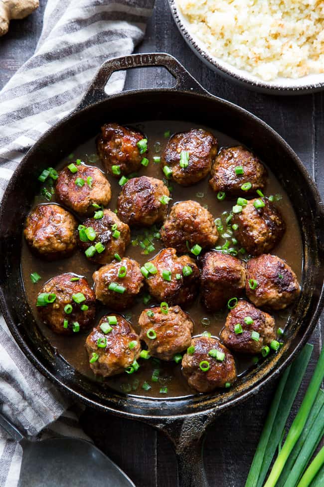 These easy one-skillet teriyaki meatballs are perfect for weeknights, packed with flavor and kid approved!  The sauce is sweetened with dates, so they're paleo and Whole30 compliant, with no added sugar.  Perfect over cauliflower rice or with a side of roasted broccoli!