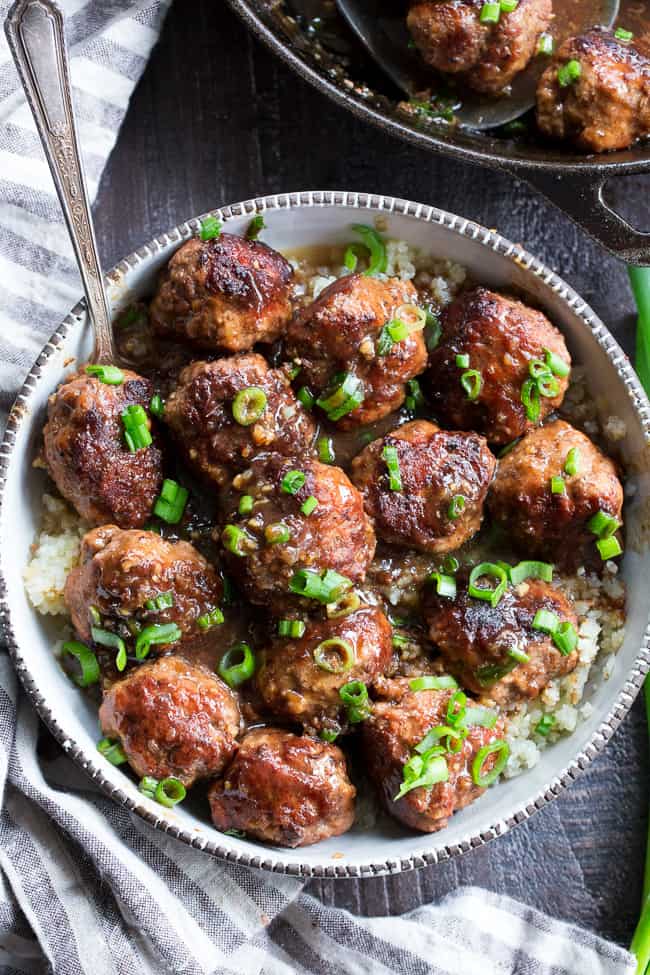 These easy one-skillet teriyaki meatballs are perfect for weeknights, packed with flavor and kid approved!  The sauce is sweetened with dates, so they're paleo and Whole30 compliant, with no added sugar.  Perfect over cauliflower rice or with a side of roasted broccoli!
