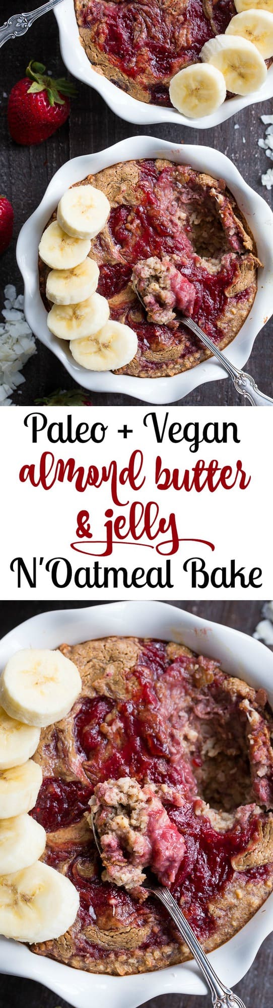 This Almond Butter and Jelly N'Oatmeal Breakfast Bake has a flavor and texture reminiscent of baked oatmeal, yet it’s grain free and paleo!  It’s a perfect option for breakfast when you want something naturally sweet but want to keep things clean.  It’s also egg free, vegan, and family approved! 