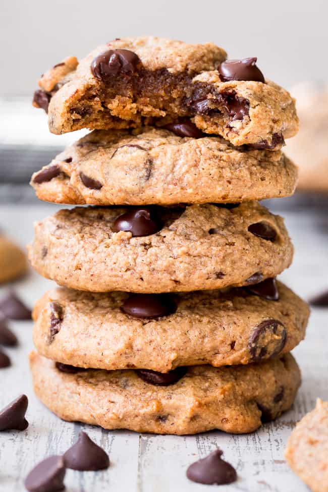 These chewy paleo chocolate chip cookies are a breeze to make, kid approved and the perfect go-to healthy dessert.  They're loaded with good fats, super chewy and thick, with great nutty flavor thanks to the almond butter!   Grab one for an after school snack or serve to a crowd - these chewy chocolate chip cookies are sure to be a hit.