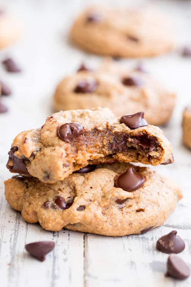 These paleo chewy chocolate chip cookies are a breeze to make, kid approved and the perfect go-to healthy dessert.  They're loaded with good fats, super chewy and thick, with great nutty flavor thanks to the almond butter!   Grab one for an after school snack or serve to a crowd - these chewy chocolate chip cookies are sure to be a hit.
