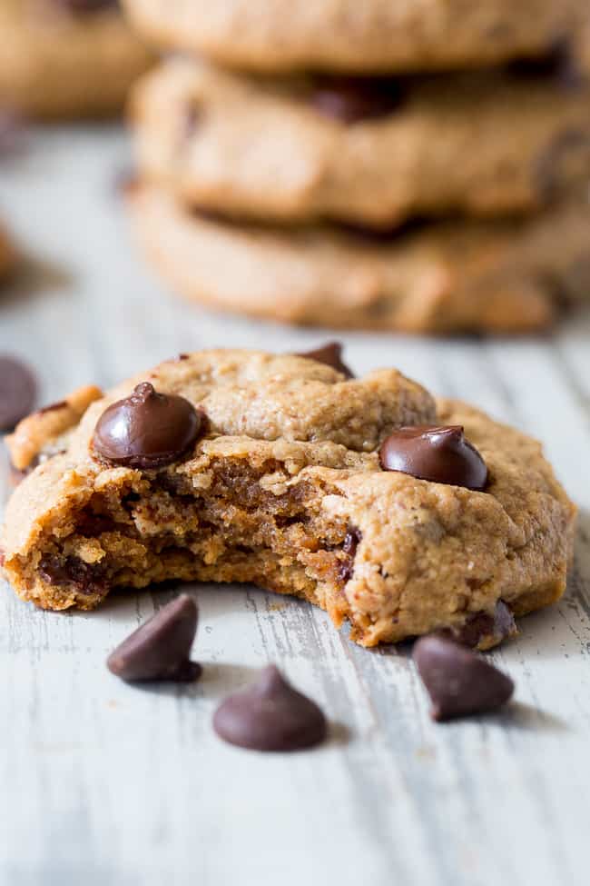 These chewy paleo chocolate chip cookies are a breeze to make, kid approved and the perfect go-to healthy dessert.  They're loaded with good fats, super chewy and thick, with great nutty flavor thanks to the almond butter!   Grab one for an after school snack or serve to a crowd - these chewy chocolate chip cookies are sure to be a hit.