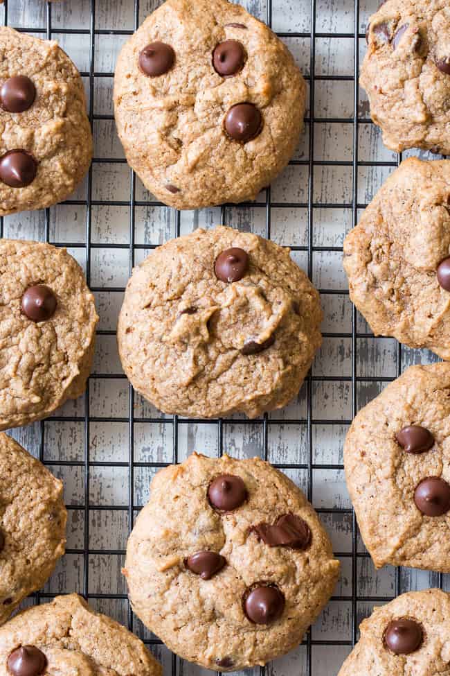 These chewy paleo chocolate chip cookies are a breeze to make, kid approved and the perfect go-to healthy dessert.  They're loaded with good fats, super chewy and thick, with great nutty flavor thanks to the almond butter!   Grab one for an after school snack or serve to a crowd - these chewy chocolate chip cookies are sure to be a hit.