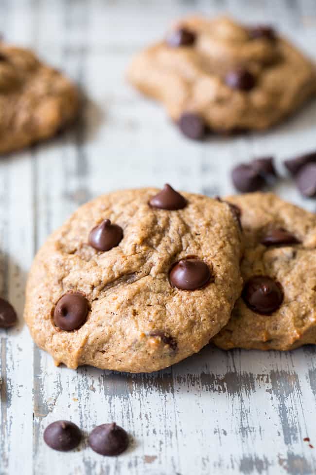 These chewy paleo chocolate chip cookies are a breeze to make, kid approved and the perfect go-to healthy dessert.  They're loaded with good fats, super chewy and thick, with great nutty flavor thanks to the almond butter!   Grab one for an after school snack or serve to a crowd - these chewy chocolate chip cookies are sure to be a hit.