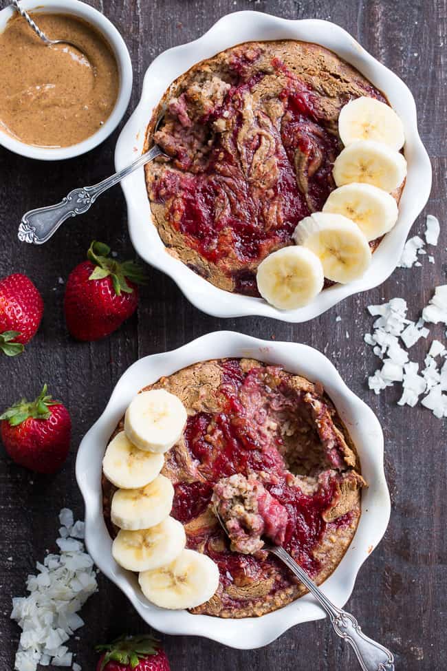 This Almond Butter and Jelly N'Oatmeal Breakfast Bake has a flavor and texture reminiscent of baked oatmeal, yet it’s grain free and paleo!  It’s a perfect option for breakfast when you want something naturally sweet but want to keep things clean.  It’s also egg free, vegan, and family approved! 