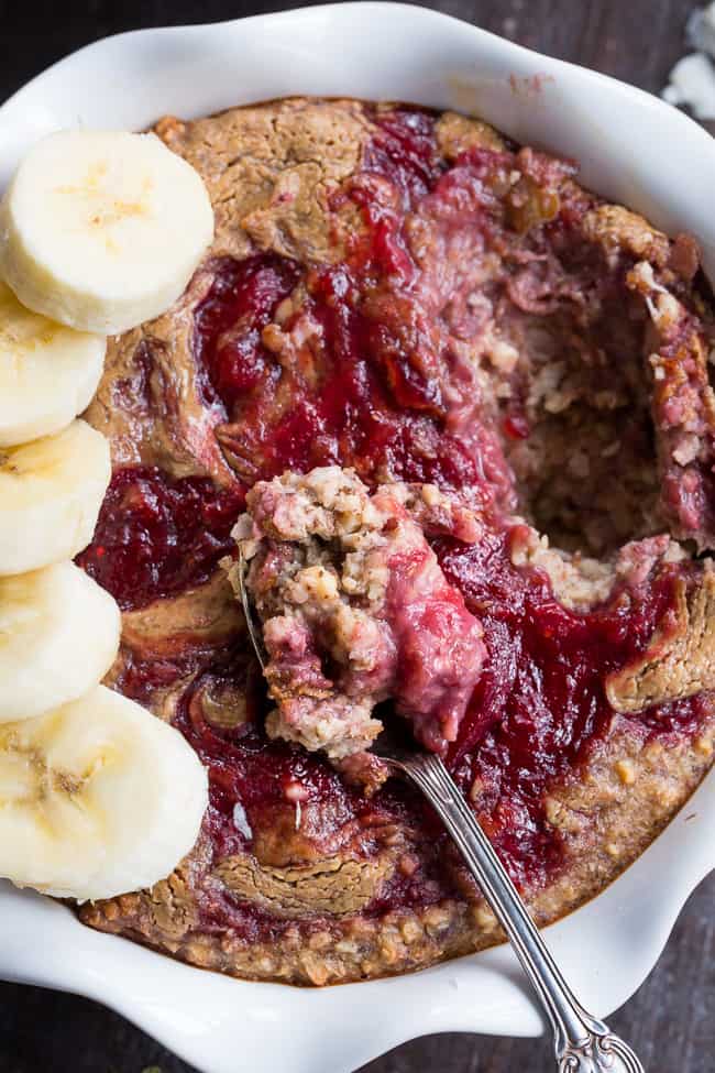 This Almond Butter and Jelly N'Oatmeal Breakfast Bake has a flavor and texture reminiscent of baked oatmeal, yet it’s grain free and paleo!  It’s a perfect option for breakfast when you want something naturally sweet but want to keep things clean.  It’s also egg free, vegan, and family approved! 