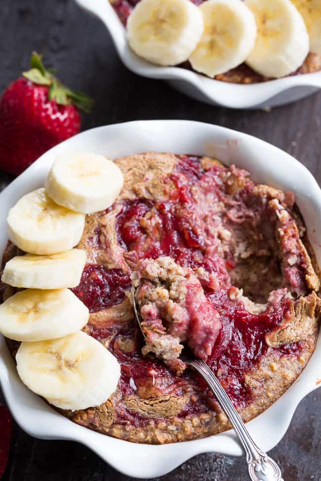 This Almond Butter and Jelly N'Oatmeal Breakfast Bake has a flavor and texture reminiscent of baked oatmeal, yet it’s grain free and paleo!  It’s a perfect option for breakfast when you want something naturally sweet but want to keep things clean.  It’s also egg free, vegan, and family approved! 