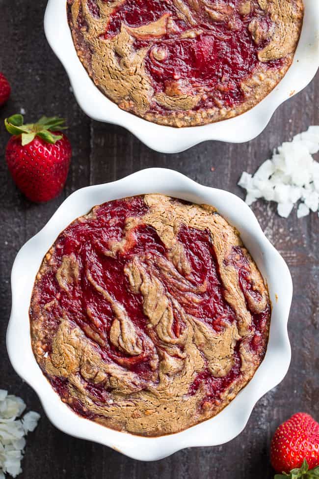 This Almond Butter and Jelly N'Oatmeal Breakfast Bake has a flavor and texture reminiscent of baked oatmeal, yet it’s grain free and paleo!  It’s a perfect option for breakfast when you want something naturally sweet but want to keep things clean.  It’s also egg free, vegan, and family approved! 