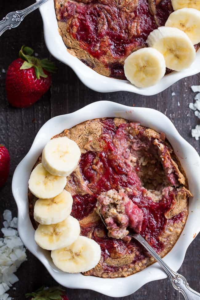 This Almond Butter and Jelly N'Oatmeal Breakfast Bake has a flavor and texture reminiscent of baked oatmeal, yet it’s grain free and paleo!  It’s a perfect option for breakfast when you want something naturally sweet but want to keep things clean.  It’s also egg free, vegan, and family approved! 