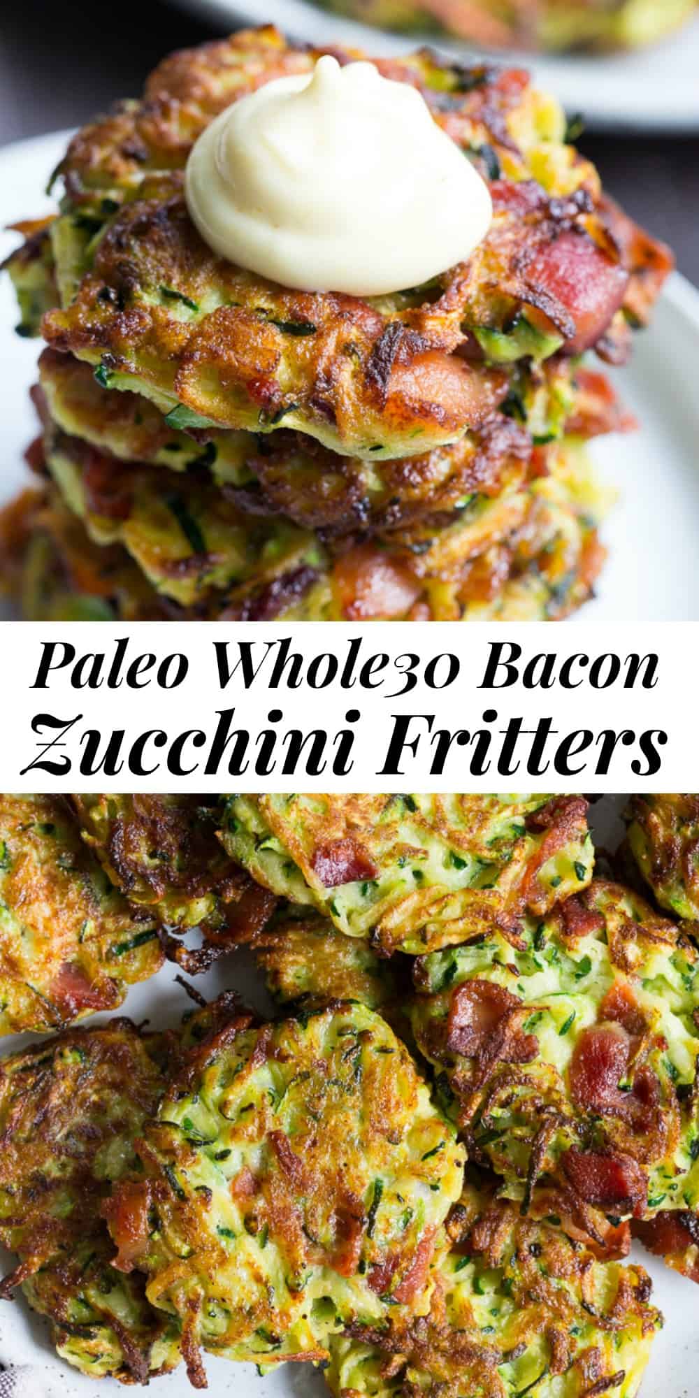 These savory bacon zucchini fritters are easy to make, packed with veggies and downright addicting!  They're delicious served as a side dish or appetizer with homemade ranch dip.  These healthy fritters are also paleo, Whole30 friendly, gluten free and dairy free. #paleo #whole30 #lowcarb #keto #zucchini