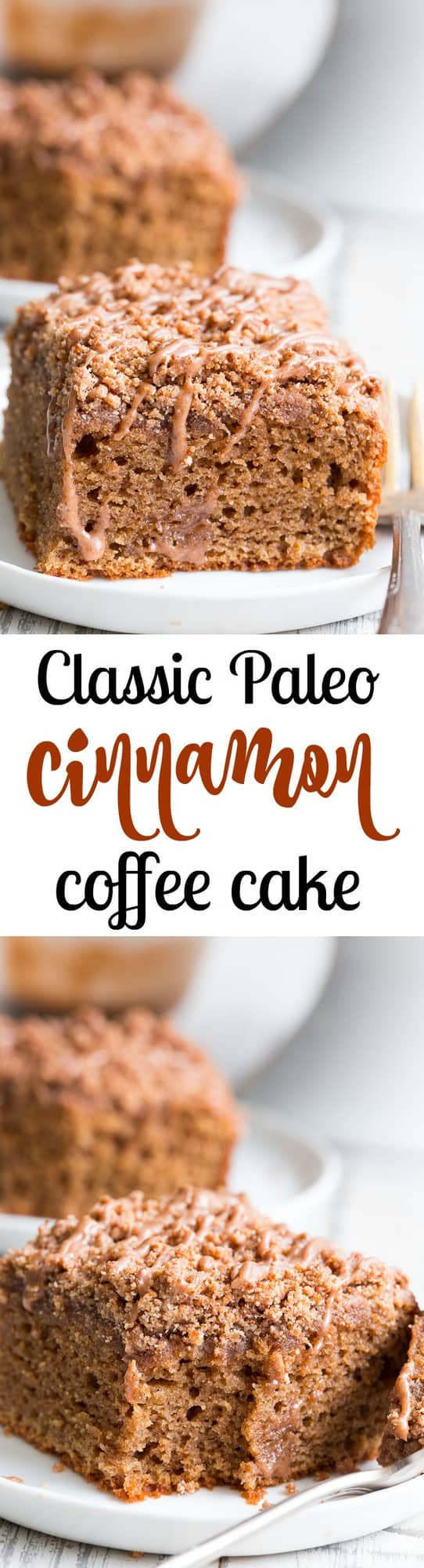 This classic cinnamon coffee cake has it all - a deliciously light, sweet, moist cake topped with loads of cinnamon crumbs and even an optional cinnamon icing!  It's paleo, gluten-free, dairy-free, kid approved and perfect for brunches, snacks and dessert.