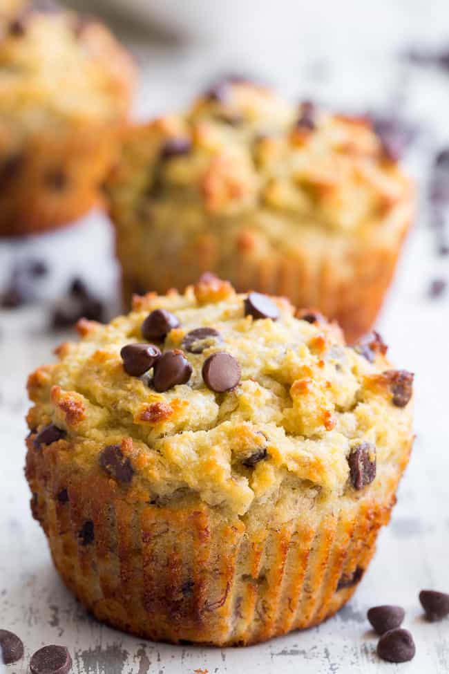 These moist and hearty chocolate chip banana muffins have perfect flavor and texture, PLUS are made nut-free thanks to coconut butter!  These kid friendly, easy-to-make paleo muffins will become a go-to recipe in your house since they're perfect for breakfast, snack and dessert!