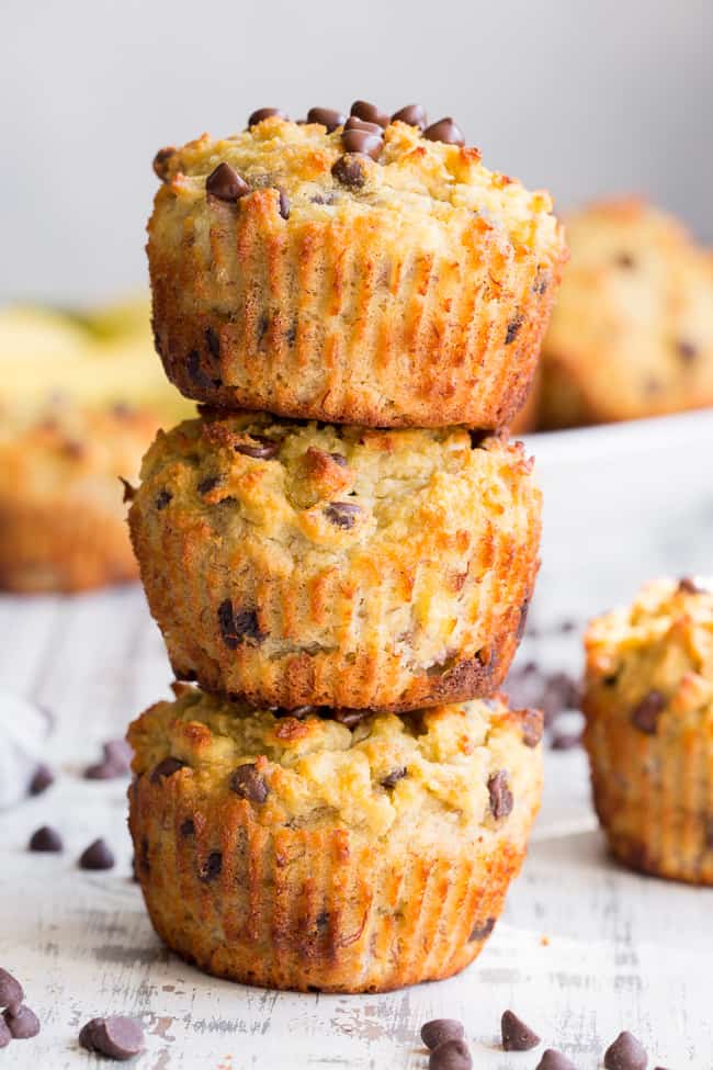 These moist and hearty chocolate chip banana muffins have perfect flavor and texture, PLUS are made nut-free thanks to coconut butter!  These kid friendly, easy-to-make paleo muffins will become a go-to recipe in your house since they're perfect for breakfast, snack and dessert!