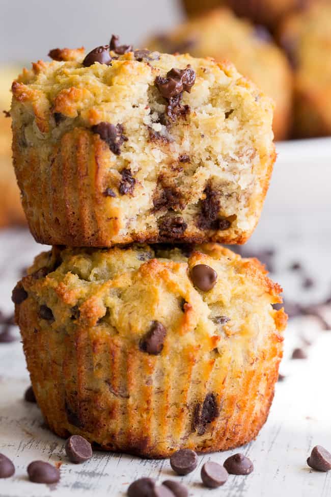 These moist and hearty chocolate chip banana muffins have perfect flavor and texture, PLUS are made nut-free thanks to coconut butter!  These kid friendly, easy-to-make paleo muffins will become a go-to recipe in your house since they're perfect for breakfast, snack and dessert!