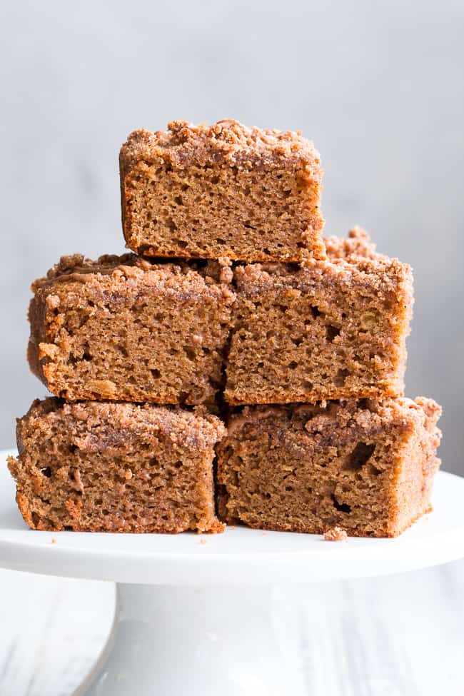 This classic cinnamon coffee cake has it all - a deliciously light, sweet, moist cake topped with loads of cinnamon crumbs and even an optional cinnamon icing!  It's paleo, gluten-free, dairy-free, kid approved and perfect for brunches, snacks and dessert.