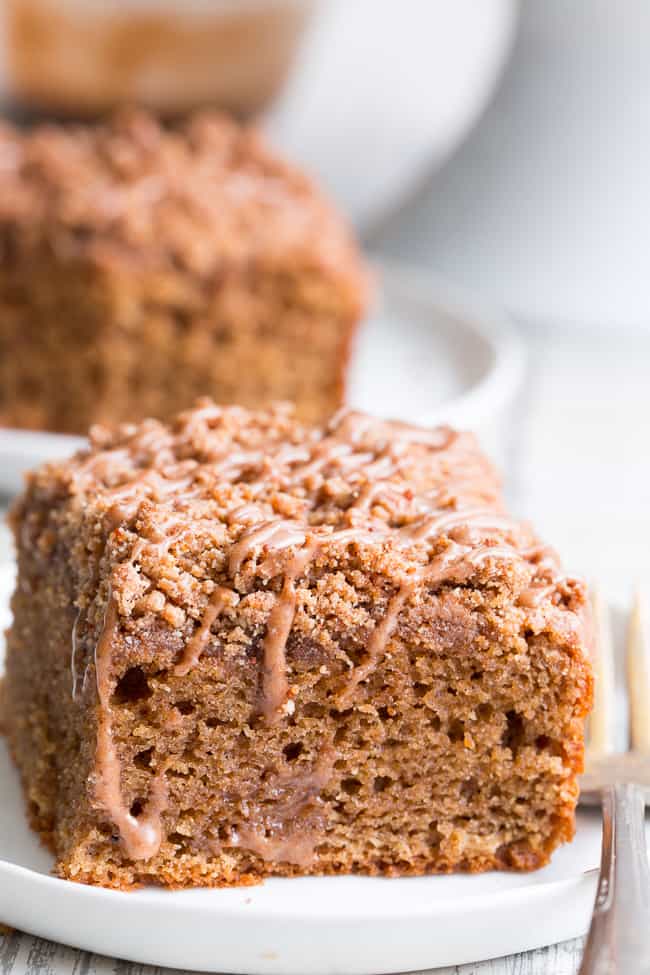 This classic cinnamon coffee cake has it all - a deliciously light, sweet, moist cake topped with loads of cinnamon crumbs and even an optional cinnamon icing!  It's paleo, gluten-free, dairy-free, kid approved and perfect for brunches, snacks and dessert.