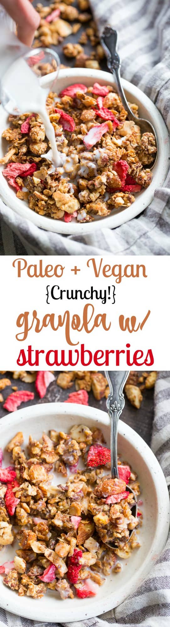 This crunchy grain free granola is packed with toasty sweet clusters and freeze dried strawberries for a breakfast or snack that you won't believe is actually good for you!  It's paleo, vegan, free of refined sugar and family approved!