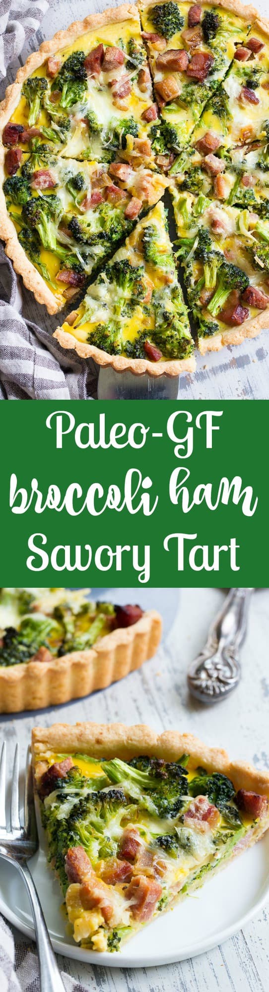 This grain free and paleo savory tart begins with the perfect paleo crust loaded with chopped broccoli and sugar-free ham, plus a creamy egg mixture with a dairy-free option.  This amazing savory tart is a family favorite, kid approved and perfect for brunch or as a make ahead breakfast!