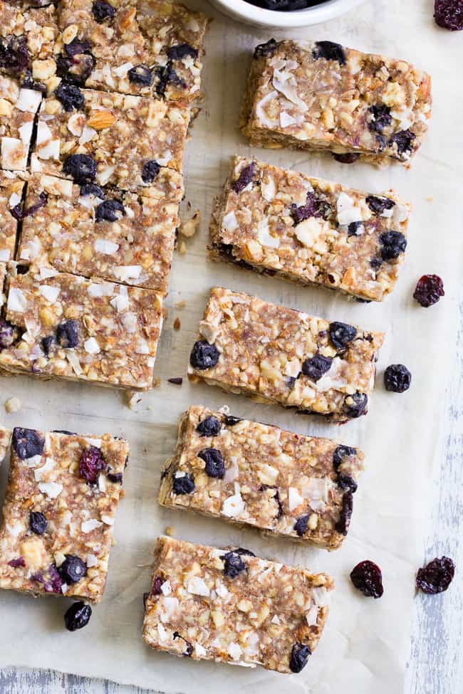 These no-bake grain free granola bars are loaded with sweet & tart dried cherries and berries, nuts, coconut and sweetened with dates to make them with no added sugar.  They're paleo, dairy-free, gluten-free, and perfect for healthy snacking anytime!