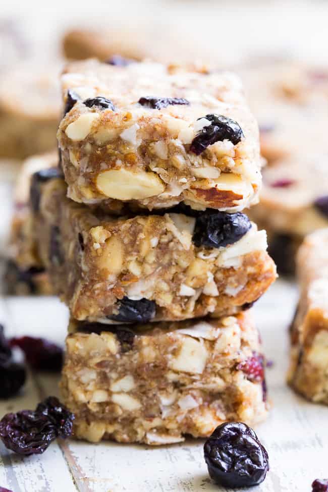 These no-bake grain free granola bars are loaded with sweet & tart dried cherries and berries, nuts, coconut and sweetened with dates to make them with no added sugar.  They're paleo, dairy-free, gluten-free, and perfect for healthy snacking anytime!