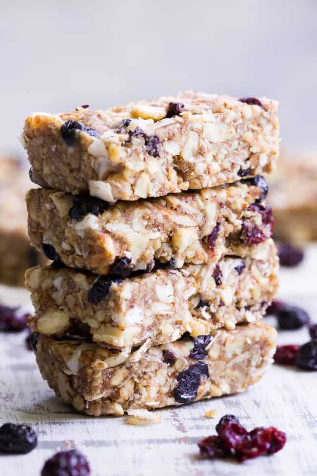 These no-bake grain free granola bars are loaded with sweet & tart dried cherries and berries, nuts, coconut and sweetened with dates to make them with no added sugar.  They're paleo, dairy-free, gluten-free, and perfect for healthy snacking anytime!