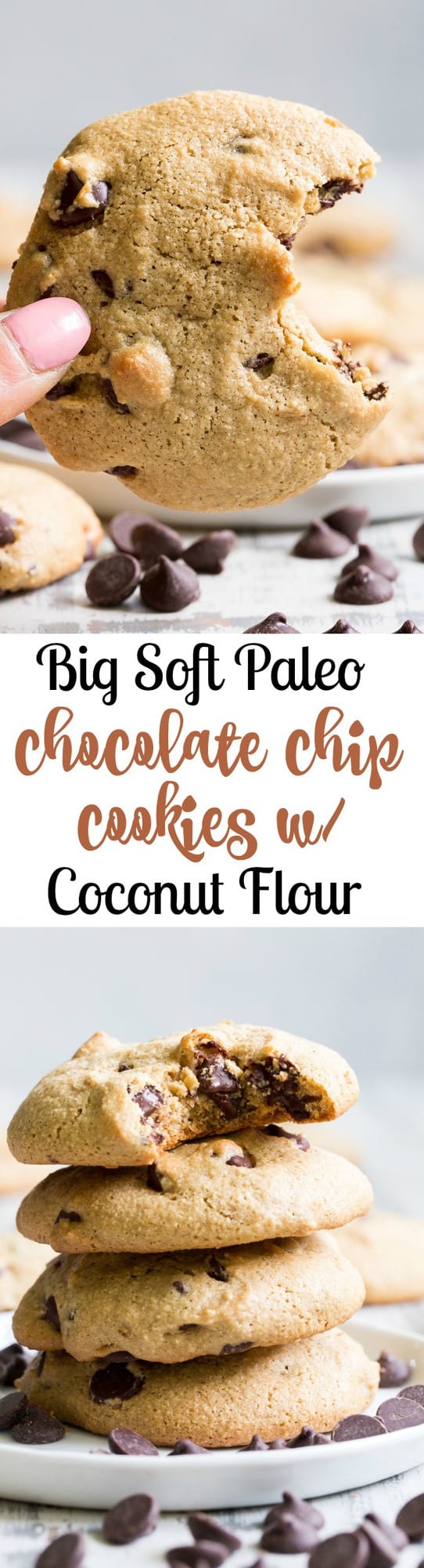 These big soft paleo chocolate chip cookies have the perfect chewy texture with a great nutty flavor thanks to tahini.  They're dairy-free, gluten-free, grain free and nut free as well.  Perfect for snacks and desserts, these cookies are thick and decadent yet healthy!