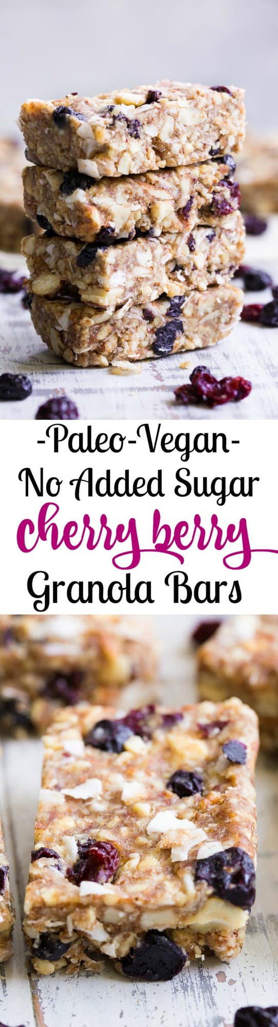 These no-bake grain free granola bars are loaded with sweet & tart dried cherries and berries, nuts, coconut and sweetened with dates to make them with no added sugar.  They're paleo, dairy-free, gluten-free, and perfect for healthy snacking anytime!