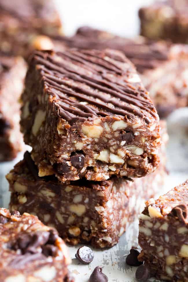 Chewy, crunchy, and packed with chocolate flavor, these paleo, no-bake grain free granola bars are going to become your favorite with the first bite! They're loaded with healthy fats from coconut and nuts and have a lightly sweetened, rich dark chocolate flavor. Kid approved, gluten-free, dairy-free, vegan, grain free and addicting!