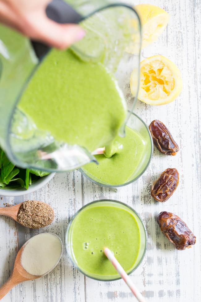 This creamy and refreshing paleo green smoothie has it all!  It's sweetened with fruit only, packs in the veggies and is even kid approved!  Add your favorite protein powder or collagen to make it either paleo or vegan.  